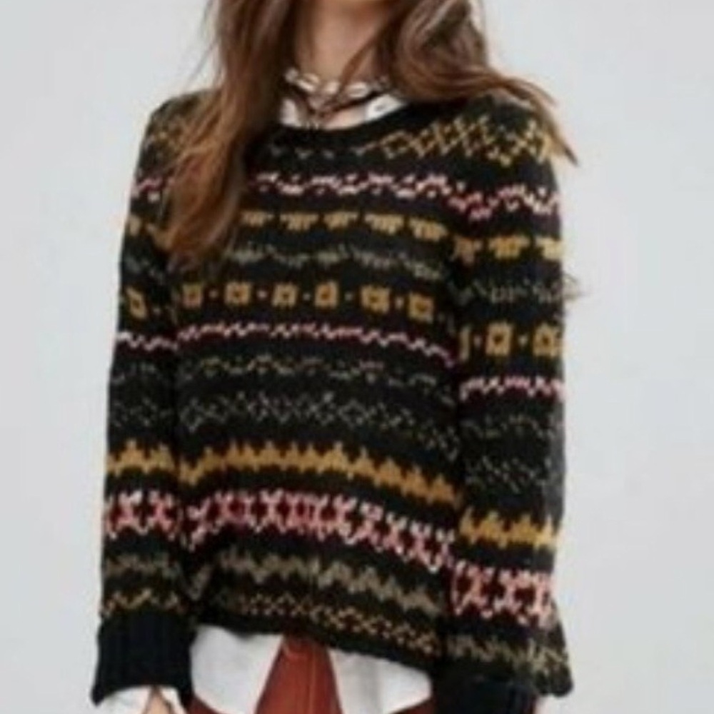 Free People Through The Storm Fair Isle Knit Sweater Black Multi Size M